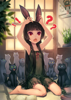 d-flag:  ! !? ? ?? animal ears arms up barefoot black cat (animal) black hair book bunny ears calendar (object) cat confused fang flower gokou ruri hime cut indoors lingerie long hair lvans mole nail polish nightgown on floor open mouth ore no imouto