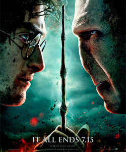 morsmordr-e:   The first poster for Harry Potter and the Deathly Hallows - Part 2 has been released! It depicts Harry and Voldemort face to face with one wand between them.  At the bottom it reads “It all ends 7.15”. (source: Mugglenet)  