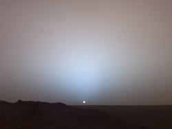 lillymarianac-:  Sunset on Mars On May 19, 2005, NASA’s Mars Exploration Rover Spirit captured this stunning view as the Sun sank below the rim of Gusev crater on Mars. This Panoramic Camera mosaic was taken around 6:07 in the evening of the rover’s