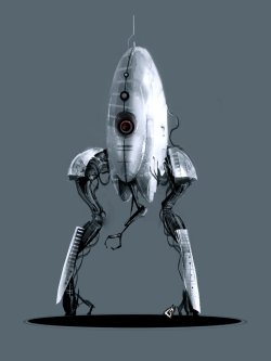 theawkwardgamer:  ROMy // Artist: Gavade Note from the artist: “Introducing ROMy, the mobile core unit that likes to run. Droid concept sketch based off a Portal Turret and HL2 Hunter’s legs…” A turret with legs? o.O If this was implemented into