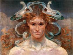 dwellerinthelibrary:  Jacek Malczewski, Meduza, 1900. This is marvellous  - I love her knowing, queenly smile, and the way her snakes (and, I think, the wings you get in a lot of the architectural Gorgons) have become a sort of helmet or crown.