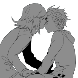 fuckyeahrivals:  [Image description: A black, white, and gray picture of Silver kissing Gold on the nose, as if to comfort him. Gold has a tear in his eye. They’re sitting and facing each other, Silver’s hands are on Gold’s knees, and Gold’s hands