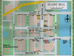 silenthillwelcomesyou:   Old Silent Hill   One of the stores, Convenience Store 8, is highly modeled after 7-Eleven. The other resembles a Shell Station. The streets themselves seem to be named after famous horror and suspense writers, such as Robert
