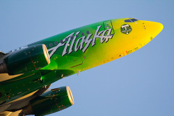 youlikeairplanestoo:  This Alaska Airlines 737 painted up in Portland Timbers colors looks great in this frame by Eric Prado. Full version here. 
