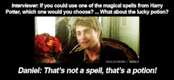 mjolnirs-song:  duerrre:  bonkersforpotter:  dreamofflight:  on-etait-libre:  I love this. He’s like “YOU DUMB FUCK.”  Freaking muggle interviewer.  He is Harry.  the way he looks when he says it is the best  Daniel fucking Radcliffe 
