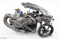 melchezedek:  An Alien bike, built by Roo Roongrojna Sangwongprisarn of Bangkok. Inspired by the works of H.R. Giger and sold from the economic heartland of China- what could be better? Probably wrecking into a day-care on it. 