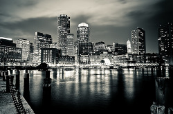 black-and-white:  Boston Financial District Skyline at Night (by briburt) 