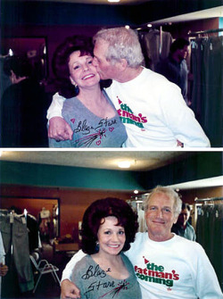 Blaze Starr poses for a couple candid photos with actor Paul Newman.. Newman portrayed Louisiana Gov. Earl Long in the 1989 film: &ldquo;BLAZE&rdquo;; based on the life and times of the former burlesque performer..