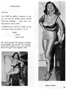 Dorian Dennis   aka. &ldquo;Miss French Riviera&rdquo;.. A page from &lsquo;STRIPARAMA&rsquo; Vol.1-2 (January '62).. A Michigan reader complains about the lack of Dorian Dennis content in the magazine..