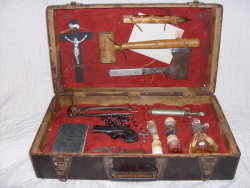 no:  This is an 1890 vampire hunting kit. It includes a stake, a crucifix, the New Testament, a mallet, a hatchet, rosary, syringe, sulphur, garlic extract, hair from a vampire, and a letter in German to the mother of a deceased a victim. 