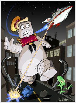 justinrampage:  The cast of Futurama got a full on Ghostbusters redesign by Tumblr artist Andy Hunter. Check out more Futurama / Ghostbusters mash ups at Draw2d2. The Stay Zapt Marshmallow Man by Andy Hunter (deviantART) (Store) Via: andyjhunter 