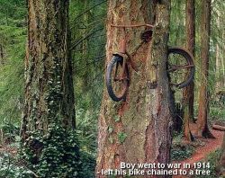 wordscancrushtheworld:  Mother Nature always finds a way…   A boy left his bike chained to a tree when he went away to war in 1914. He never returned, leaving the tree no choice but to grow around the bike.   