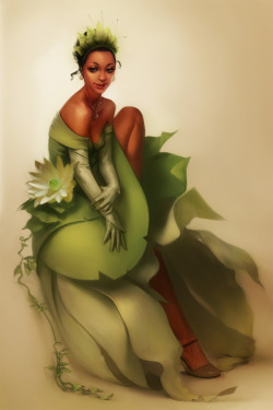 awyeahmona:  [Image: Gorgeously shaded, photorealistic (almost trompe l’oeil-esque) art of Tiana from Disney’s The Princess and the Frog. She’s seated with one leg bent up in her green dress - which is drawn to look so sculpted and leafy it’s