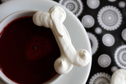 365daysofhalloween:  Ok, I’m in love with this idea.Meringue Bones and Blood Red Hot Chocolate from hereSweet Bones  6 large egg whites  1 1/2 cups sugar  Preheat oven to 200 degrees. Put egg whites and sugar in the heatproof bowl of an electric mixer.
