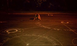 zukois2innocent:  That’s right, it’s a 38 foot wide human transmutation circle! Took four hours and two buckets of chalk, completed by me and my two buddies in my cul-de-sac. Covered in chalk and asphalt from head to toe, and neighbors may or may