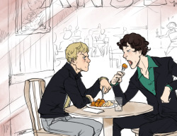 it&rsquo;s a daaaate it&rsquo;s date niiiiight hazukashiiiii: I seriously think it&rsquo;d be great to see them out at a restaurant  together. Maybe Sherlock stealing John&rsquo;s food and John being scowl-y  because &ldquo;You said you didn&rsquo;t want