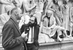 explosiveconscience:  Lawrence Ferlinghetti recording a conversation with Allen Ginsberg at the Albert Memorial while Shakespeare listens in. 