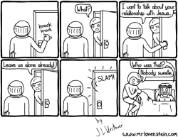 lgbtlaughs:  [six panel comic strip. the first panel features a balding man facing away from the readers view, knocking at a door. the second panel features a man poking out the door asking “What?”. in the third panel, the balding man says to