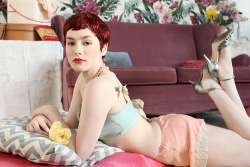 theninthofjanuary:  Rachel Red Lips- Colette Patterns Ladies in Lingerie  There is just something about this photo. Â And I love those shoes, Sir.