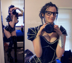 nerdsexins:  naughtynerdy:  A mirror snapshot of my tron inspired outfit. The paneling glows blue after being under UV for a while, it’s rad! Pity about the bedhead hair but I had to put it on as soon as the package arrived!  Thanks for the submission!