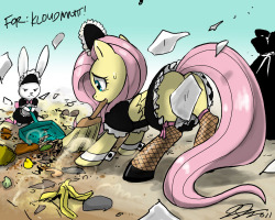So this is my half of the trade for KloudmuttHe requested Fluttershy maid cleaning a very messy place.His part of the trade can be found here: (NSFW) http://kloudmutt.deviantart.com/art/Celexxxtia-256459627