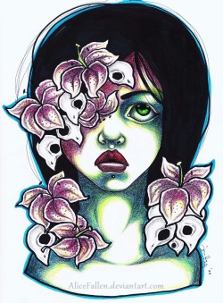 theprettylittlezombies:  I’m fairly certain I’ve posted this one already, but I’m posting it again because I just had prints of it made. “A Candle Darker” AKA I LOVE SKULLS AND LILIES SO MUCH, Y’ALL. 