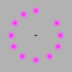  Se seus olhos seguirem o movimento da bola cor pink, você verá apenas uma cor: Pink. Se você olhar no sinal + no centro da imagem, o movimento da bola se torna verde. Agora, concentre-se no + . Depois de um tempo, todos as bolas pinks irão desaparecer,