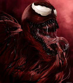 justinrampage:  Carnage rules! Artist Raymond Ariola illustrated one of the more crazy / awesome Spider-Man villains for his new Marvel set. Carnage by Raymond Ariola / aerlixir 