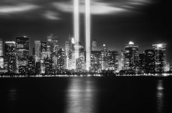 black-and-white:  The September 11th Tribute in Lights Memorial, New York City (by mudpig) 