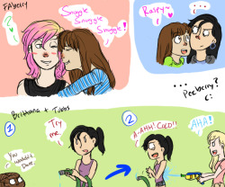 Faberry, Brittana + Tubbs, and Pezberry silly doodles.