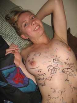 another girl completely covered in boy graffiti, with a super happy nipple :) also, notice the &ldquo;paid&rdquo; stamps, and it looks like this was done by &ldquo;Jerry&rdquo;, lol
