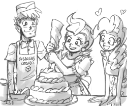 &ldquo;Could you possibly draw human Mr Mrs Cake being all cutesy while baking,  please? Maybe playing with icing or something :&rdquo; Also added Pinkie Pie. :)