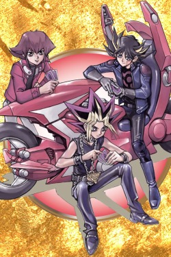 nerdgasmz:  lauriekins:  This is awesome.  Did Takahashi make this? It looks like the same style as the bunkoban covers… *plus it would account for why Jaden and Yusei’s eyes are in the same style as Atem’s, haha~* 