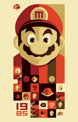 justinrampage:  Two major icons for myself and many other children of the ’80s. Tom Whalen created the excellent Mario Brother duo posters for Gallery 1988’s “Old School Video Game Show” that starts Friday (9/16) in Santa Monica, CA. 1985: 1up