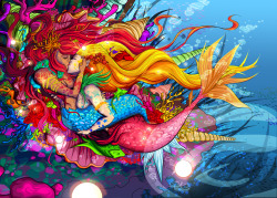 siterlas:  fuckyeahlesbians:  [Image: extremely colorful art of two long-haired mermaids intertwined and kissing by a coral reef; one is pale, the other darker-skinned.] (via Underwater by ~ramon-andrade on deviantART)  HELLO TUMBLR I THINK YOU NEED MORE