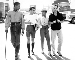 awesomepeoplehangingouttogether:  Sidney Poitier, Tony Curtis, Sammy Davis, Jr. and Jack Lemmon  