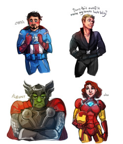 ironfries:  what is this costume accuracy you speak of 8)a  cakegun answered: costume swap of the Avengers?  well if this is what you mean by costume swap, i hope you’re okay with my choices muahaha 