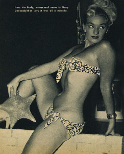 Irma The Body poses for a photo published in the May &lsquo;54 issue of 'PictureScope&rsquo; digest magazine.. The caption refers to her arrest for indecency at 'The Old Howard&rsquo; in October of '53..