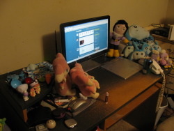 rabbithugs:  fiztheancient:  the desk of a big fat nerd  im jealous, I have the Jakks Drifloon plush next to my desk and that’s all  one drifloon is better than no drifloon at all i also have the actually blow-up drifloon by my desk too but he didnt