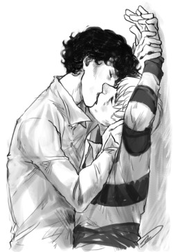 time to go to bed the-jewellers-hands: could  you please draw Sherlock pinning John&rsquo;s hands against a wall above him  and kissing him? :D