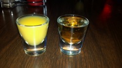 amyconcetta:   Waffle shot! Jameson and butterscotch schnapps with an orange juice chaser. My new favorite shot.   and finish it off with a piece of bacon. I had this tonight at the local “bro” bar. Highlight of the night.