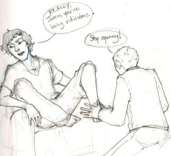 Doodle based off of a silly AIM RP I did with my bro alcoholandirony, in which Sherlock&rsquo;s foot punched through a chemical-spill weakened floor. Fussing and huffing ensued.