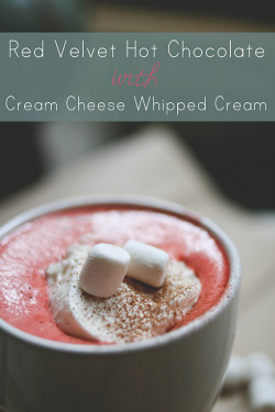 creativeinspiration:  Red Velvet Hot Chocolate with Cream Cheese Whipped Cream 4 cups whole milk 1 dash water &frac34; cup semi-sweet chocolate chips &frac14; cup sugar 1 tsp. red food coloring 1 cup heavy whipping cream 2 - 4 tbsn. whipped cream cheese,