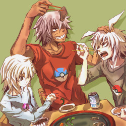 ficken-little:  lady-blackwell:  jllunar:  twasbrillig666:  Bakura x Bakura x Bakura  They’re wonderful brotherly  1. KaibaCorp makes beer now? 2. Why do they all have pokeballs on their shirts? 3. RYOU YOU DROPPED YOUR GREEN BEAN AND IT’S GOING TO