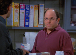 dailyseinfeld:  George: Why does she want you to be mad? Jerry: She says I suppress my emotions. George: So what do you care what she thinks. Jerry: (mouth full with cereal) …Good body.  George: She probably gets that impression because you’re cool. 
