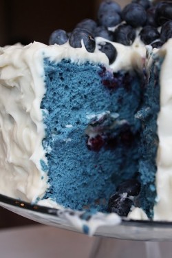 sweetsandmews:  Blue Velvet Cake 1 and &frac14; Cups Cake Flour, sifted 1 and &frac14; Cups Ultra-Fine Sugar 11 Egg Whites, room temperature 2 Teaspoons Vanilla Extrac t2 oz. Blue Food Coloring 1 and &frac12; Teaspoons Cream of Tartar 1Tablespoon Cocoa