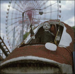 These are taken from the abandon Takakonuma Greenland Park of Japan. The park opened in 1973 and shut down only after two years of service; common lore says that the rides were due to many accidental deaths. It was reopened in 1986 and closed thirteen