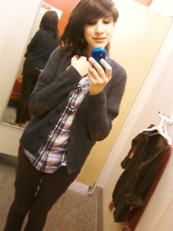 ashietaylor:  Oh whad up dressing room pictures Bought this snazzy cardigan I dig it :3 