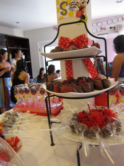 sugarsweetideas:  A mini mouse candy buffet! Chocolate covered strawberry and chocolate lollipops! 