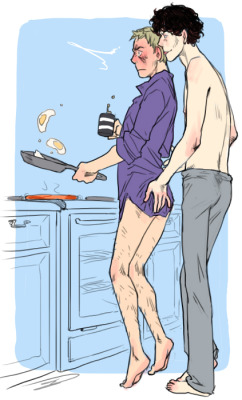 why are you surprised john you were cooking without pants, you were kinda askin for it this fill could have been innocent enough but instead there is buttgroping uniformshark: Sherlock whispering inappropriate things into Johns ear to  distract him, while